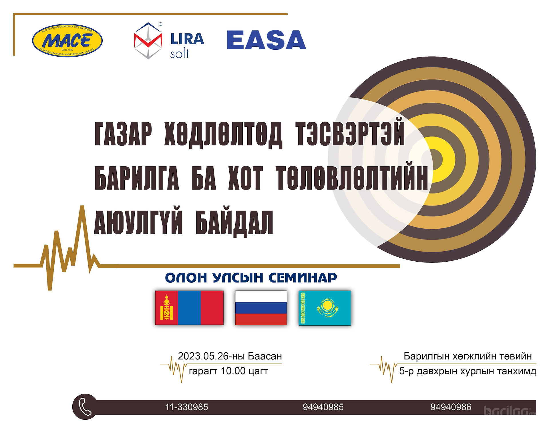 “ГАЗАР ХӨДЛӨЛТӨД ТЭСВЭРТЭЙ БАРИЛГА БА ХОТ ТӨЛӨВЛӨЛТИЙН АЮУЛГҮЙ БАЙДАЛ” ОЛОН УЛСЫН СЕМИНАР БОЛНО