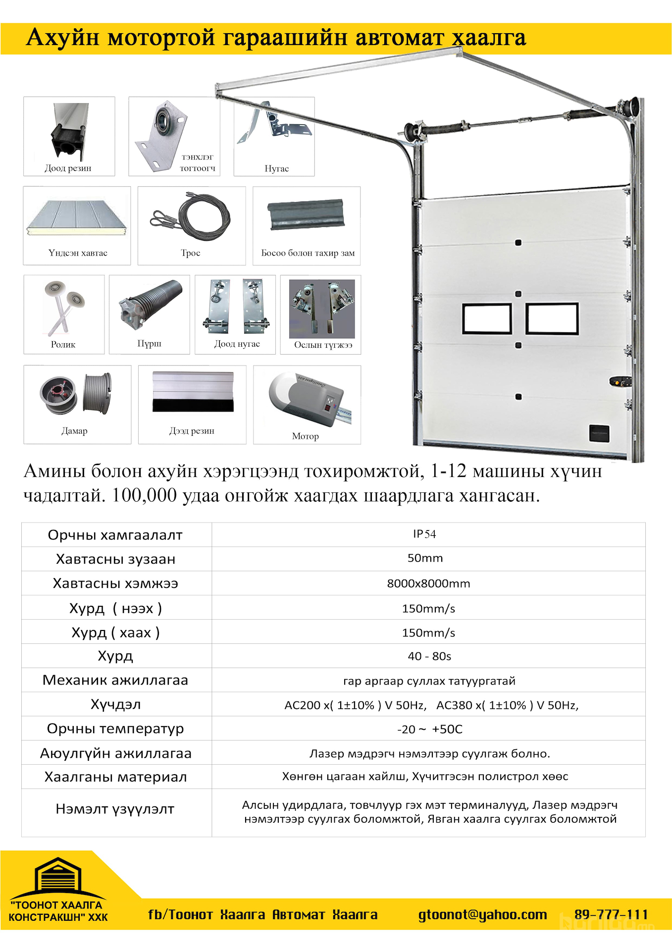 Ахуйн мотортой гараашийн автомат хаалга