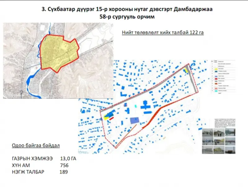 Гэр хорооллын хэсэгчилсэн төлөвлөлт /СБД-ийн 15 хороо, Дамбадаржаагийн 58-р сургуулийн орчим/