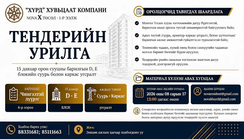 Барилга угсралтын ажил гүйцэтгэгч компаниудыг сонгон шалгаруулалтад урьж байна