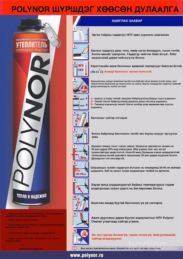 POLYNOR.Дулаан тусгаарлах шүршдэг хөөс